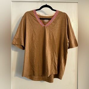Westbound |Brown V-Neck Top with Colorful Trim | Size XL